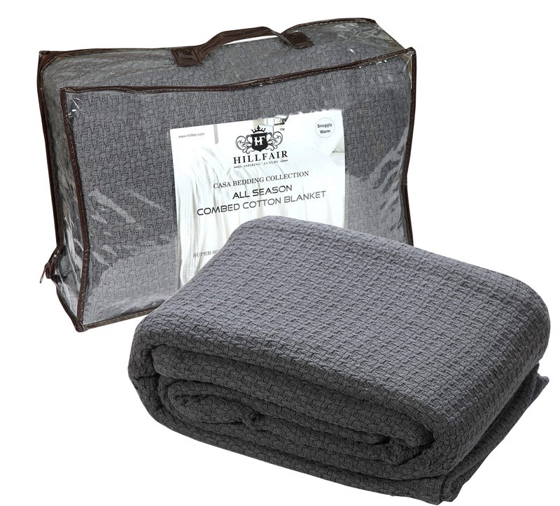 HILLFAIR 100% Combed Cotton Blanketâ€“ Twin Bed Blanketâ€“ Soft Cozy Warm Multipurpose Throws for Luxury Home Decorâ€“ 66 x 90 inch Twin XL Size Cotton Blankets for Beds- Bed Blankets for All Season- Grey - Image 1